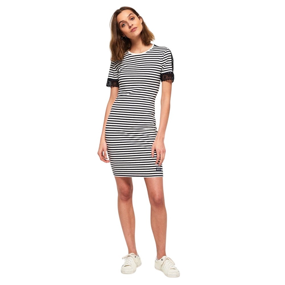 Superdry Manhattan Striped Bodycon Dress Lace Trim Black White Short Sleeve XS